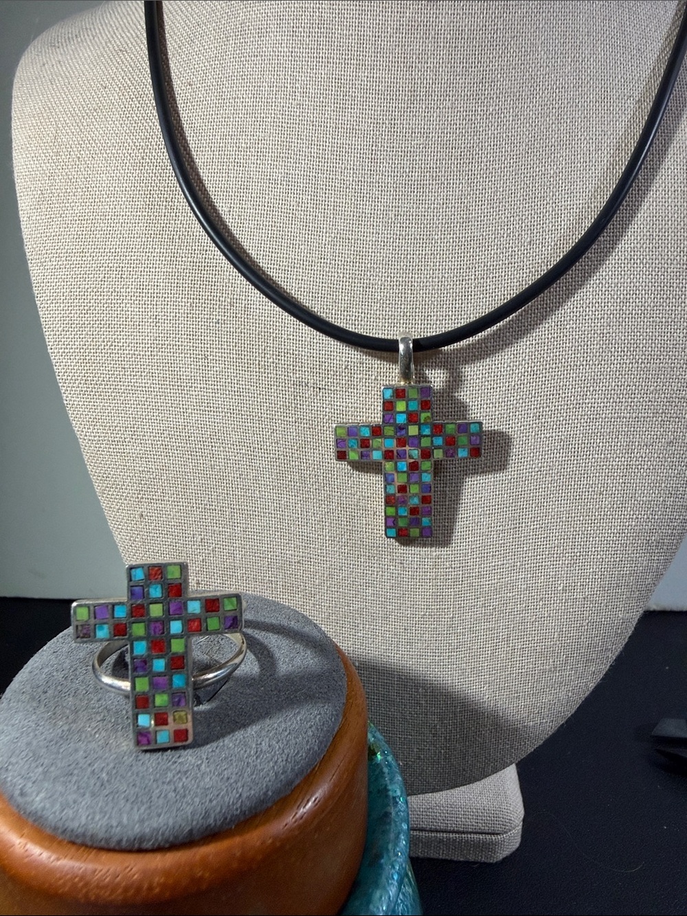 925, DTR, Jay King Multicolor Mosaic Cross Pendant Necklace and Ring Set
